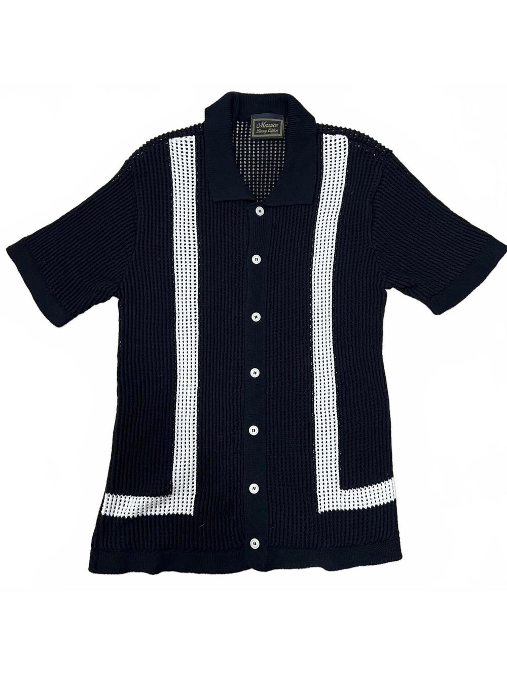 Massive Luxury Edition Vintage Crochet Knit Shirt Black White Stripe Button sz L